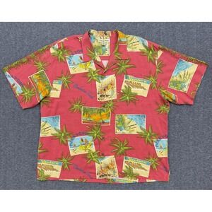 Tommy Bahama Shirt Mens XXL Red Silk California Beach Postcards Hawaiian Button